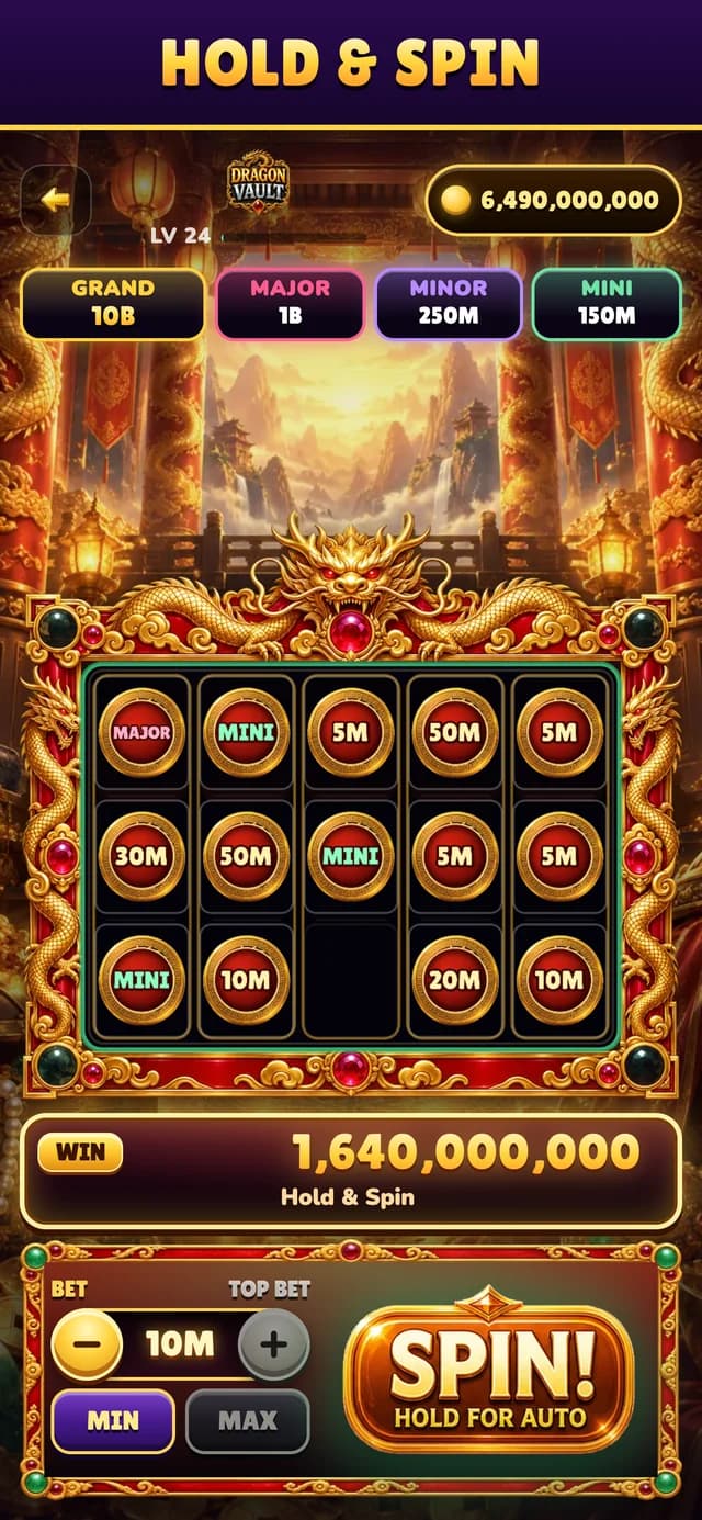 Dragon Vault gameplay showing the Hold & Spin bonus round and virtual coin rewards